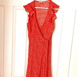 LOFT TRUE WRAP MIDI DRESS Small Red Print Ruffled Flutter Sleeves